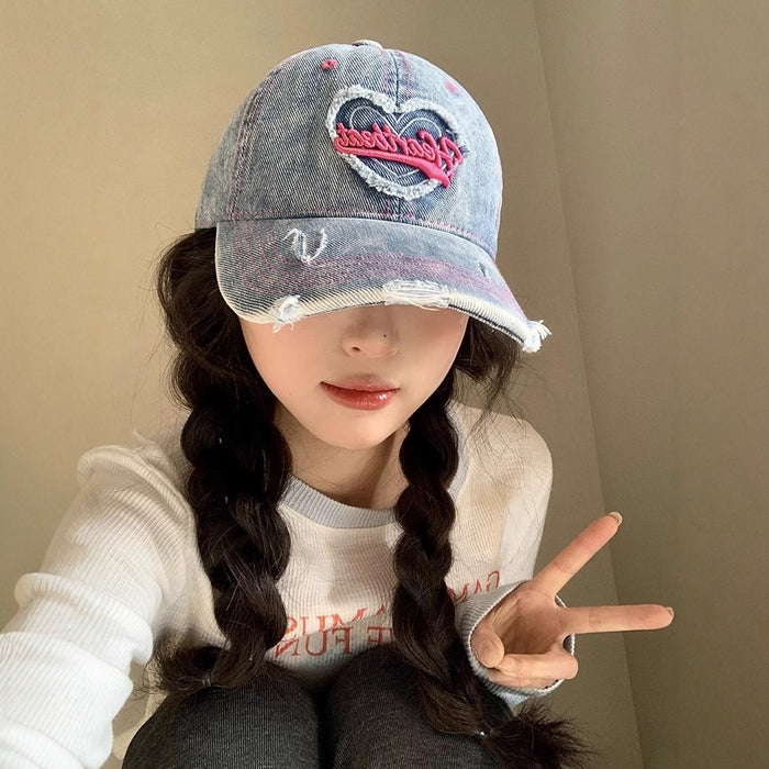 Wholesale Love washed denim baseball cap, retro distressed distressed, wide brim duckbill cap