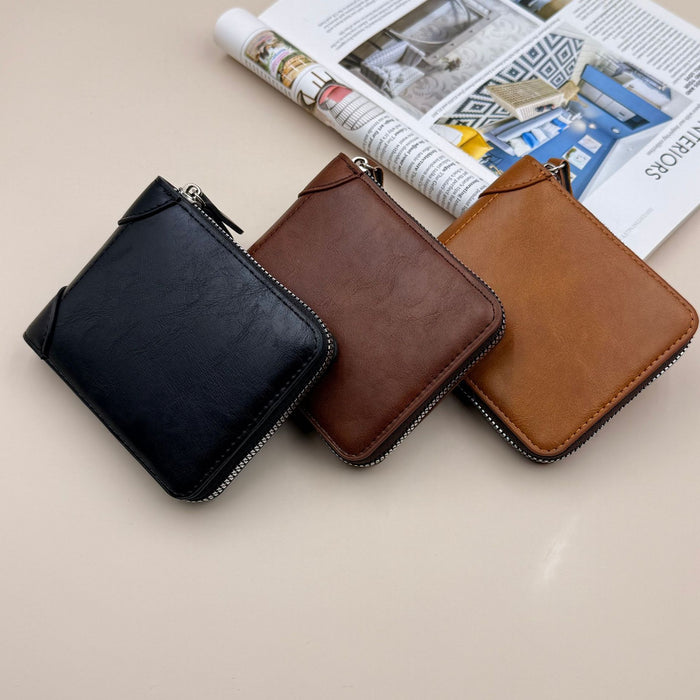 Wholesale Retro Business Men' s Wallet - Oil Wax PU Multi-Card Zipper Black - Boutique Resale