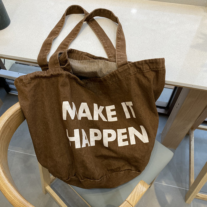 Wholesale Fashionable printed letter shoulder bag, casual versatile denim tote bag, large capacity canvas bag