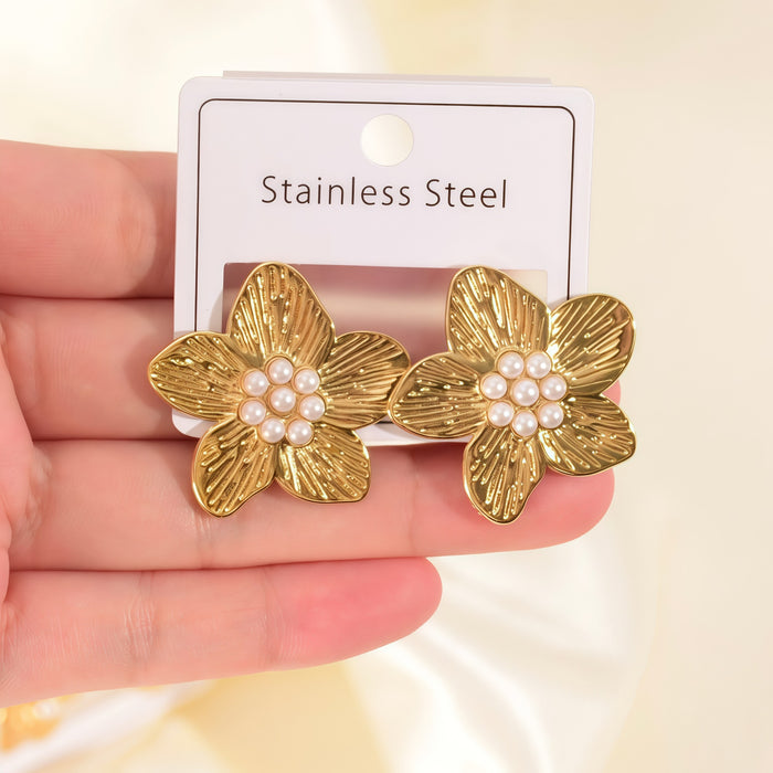 Wholesale Flower Earrings Retro-Style Pearl Earrings for Women Electroplated Stainless Steel Gold Earrings
