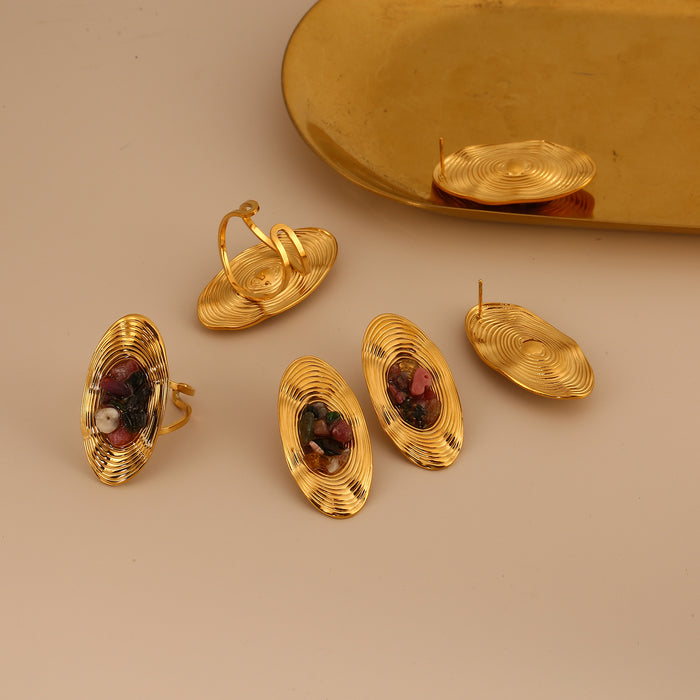 Wholesale Vintage exquisite high-end stainless steel oval earrings set with natural stone earrings and ring set