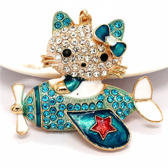 Wholesale cartoon airplane cat pendant cute  diamond-encrusted  keychain wholesale creative small gift pendant