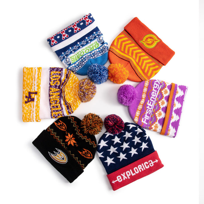 Wholesale 100pcs mix Knitted Jacquard Hat with Customizable Multi-Color Pattern Elastic Encrypted Jacquard Fur Ball Knitted Hat