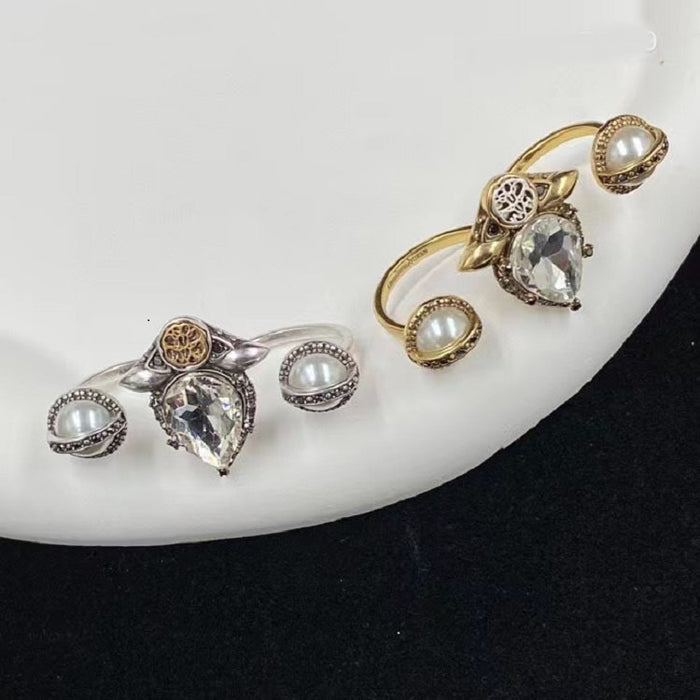 Wholesale 2022 New Maojia Inlaid Dripping Diamond Pearl Retro Ring Brass Material High-end Fashion Versatile Ring