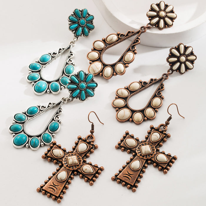 Wholesale Vintage turquoise teardrop cross statement earrings