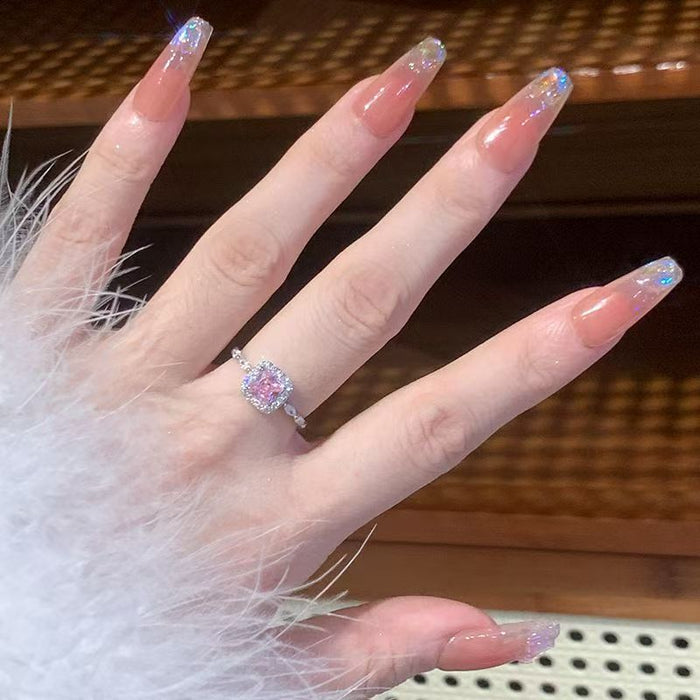 Wholesale Fashion Adjustable Pink Diamond Sugar Cube Ring Stylish Geometric Desig