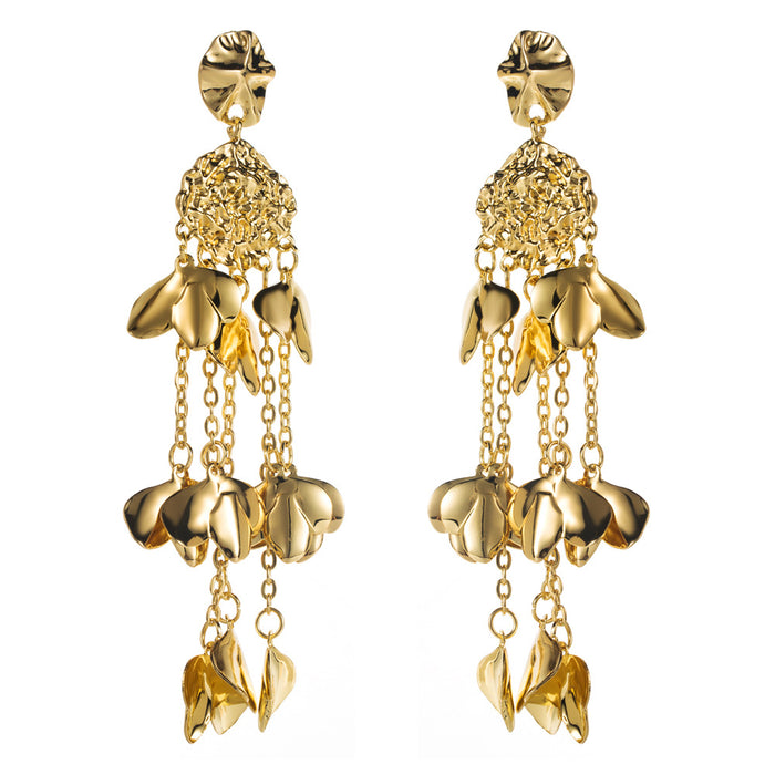 Wholesale Alloy Gold Petal Long Tassel Earrings Trendy Fashion Accessory