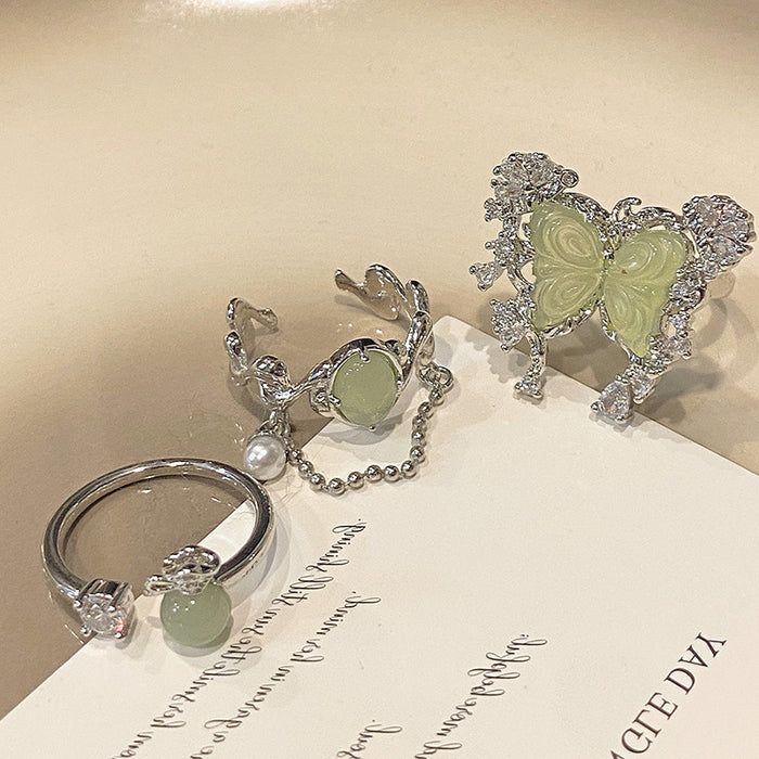 Wholesale Imitation Jade Marrow Butterfly Ring, Rotating Four Leaf Clover Flower Style, Stacked with Finger Ring