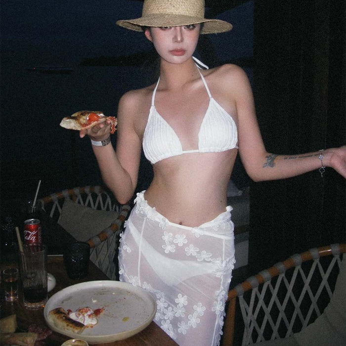 Wholesale Sexy neck tie and split bikini design with suspender and long skirt for vacation