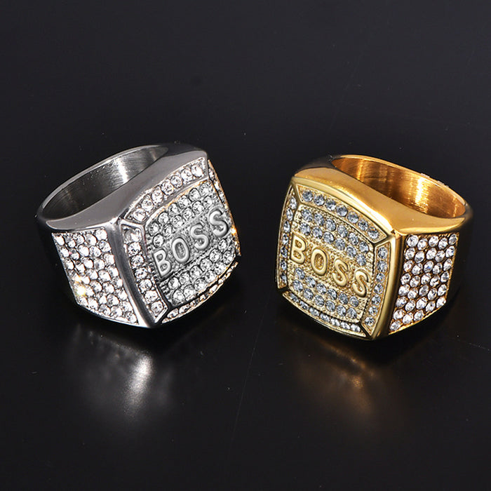 Wholesale HIPHOP titanium steel electroplating rhinestone square BOSS letter men' s ring