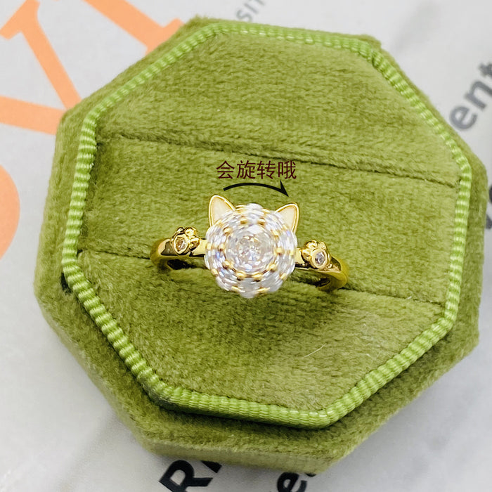 Wholesale Rotating cat ring with cute animal shape design and zircon lucky cat ring with adjustable opening