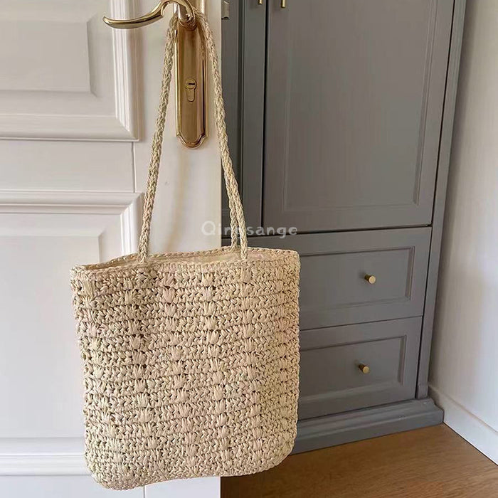 Wholesale Knitted women's simple handbag with large capacity, fashionable and versatile, hand-held cotton and linen beach bag