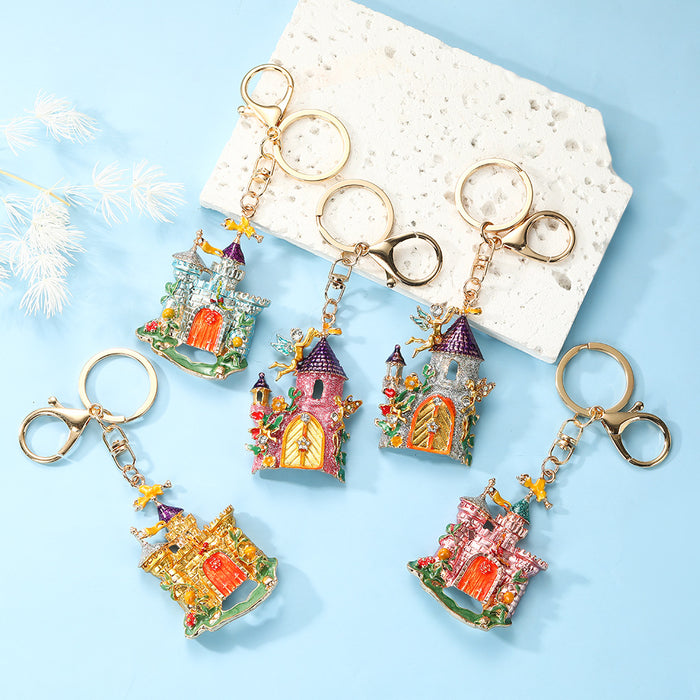 Wholesale Dreamy Fairy Tale Castle Keychain Zinc Alloy Blue Rhinestone Bag Charm