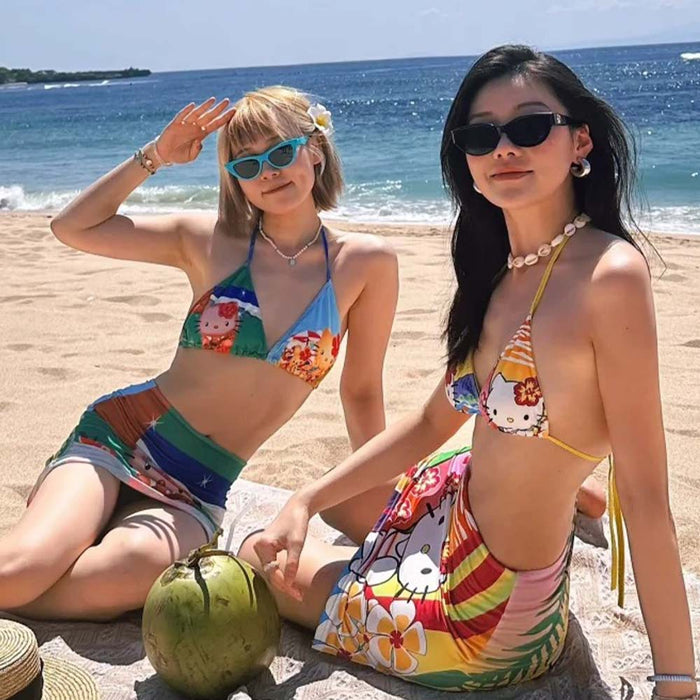 Wholesale Printed neck tie, split three-point shorts with skirt, bikini swimsuit