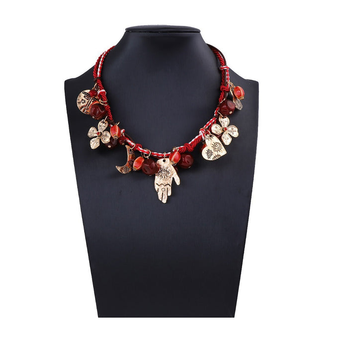 Wholesale Bohemian Ethnic Style three Strand Red Rope Necklace Alloy Pendant Necklace