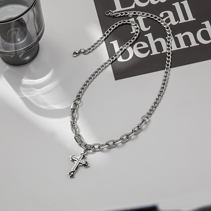 Wholesale 2PCS Chain Spliced Diamond Cross Titanium Steel Necklace JDC-NE-ChenYuan009