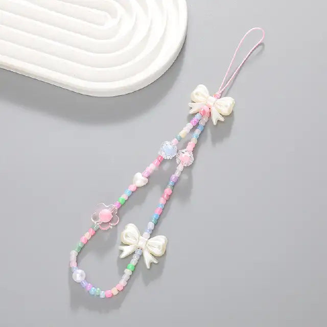 Wholesale Beaded Bear Flower Mobile Phone Chain short Phone Case Hanging Chain Acrylic