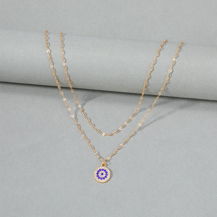 Wholesale Crystal new gold-plated Devil's Eye double-layer necklace, fashionable and personalized alloy pendant, sweater chain