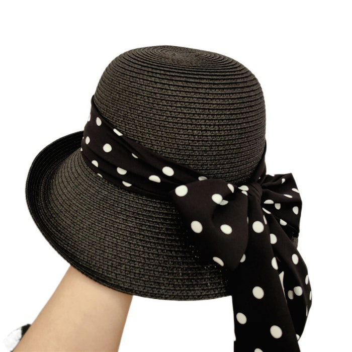 Wholesale Retro elegant polka dot bow sun hat, straw hat, sun protection basin hat