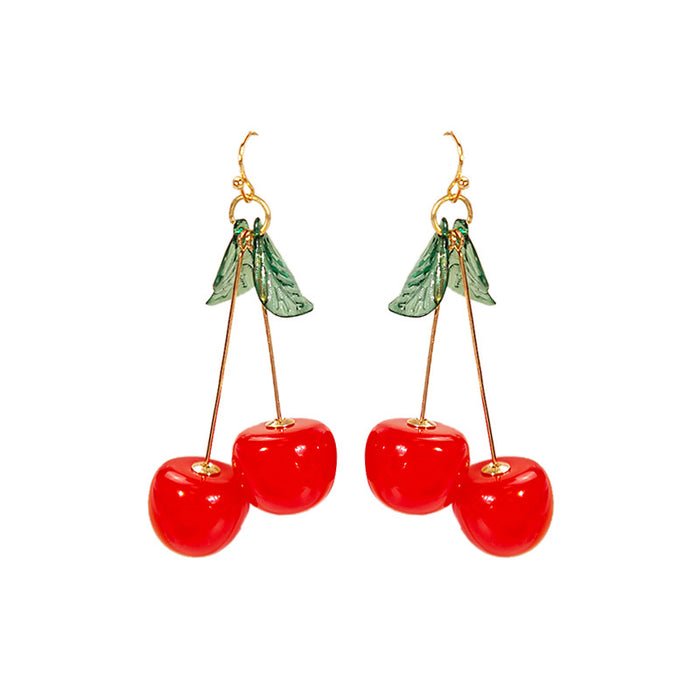 Wholesale Fruit Cherry Earrings Internet Celebrity Ins Delicate Green Leaf Earrings Cartoon Cute Elegant Student Resin Earrings