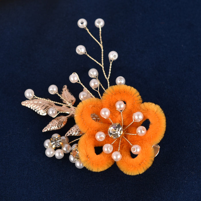 Wholesale Original handmade flower pearl leaf hair clip, multi-color plush duckbill clip