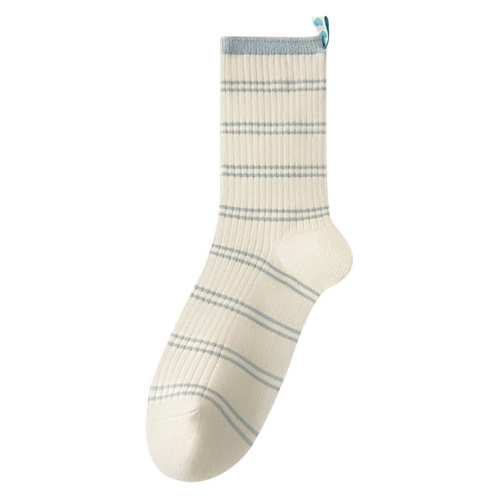 Wholesale Spring/Summer Cream Blue Striped Heel Love Cloth Label Middle Tube Stacked Socks