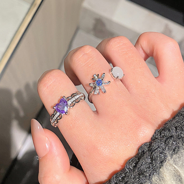 Wholesale Small niche luxury colored micro inlaid open ring with fashionable hollow flower temperament, layered wearing