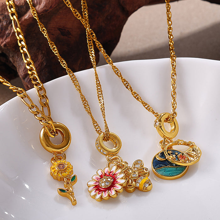 Wholesale Seaside holiday style turtle and starfish pendant necklace gold-plated diamond jewelry