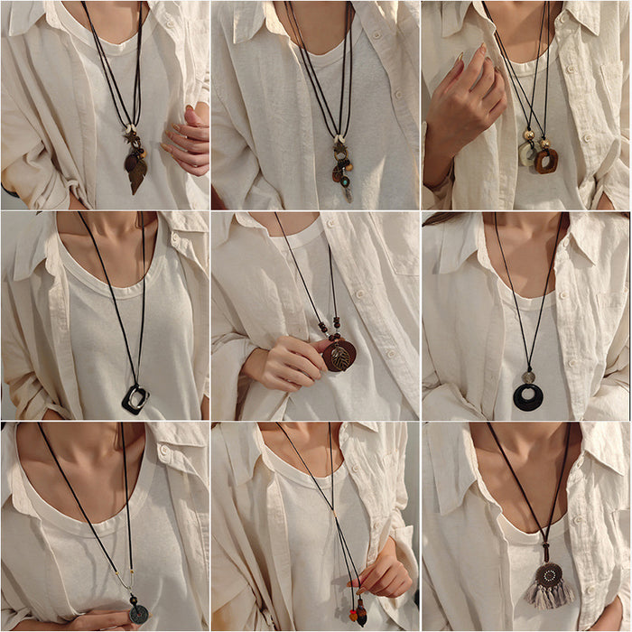 Wholesale Retro Bohemian Ethnic Style Leaf Long Cut Out Geometric Clavicle Chain Zen Style Versatile Personalized Sweater Chain