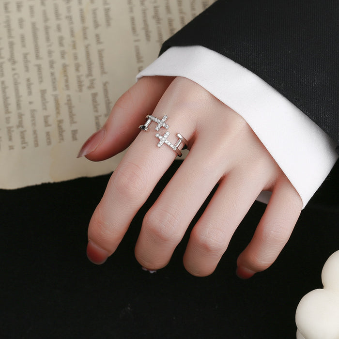 Wholesale Personalized double-layer cross ring with diamond inlay and versatile opening, light luxury