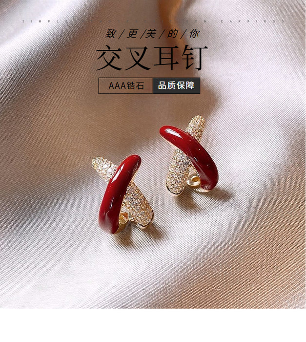 Wholesale Cross Red Drip Oil Copper Micropaved Zirconia Stud Earrings JDC-ES-QLX073