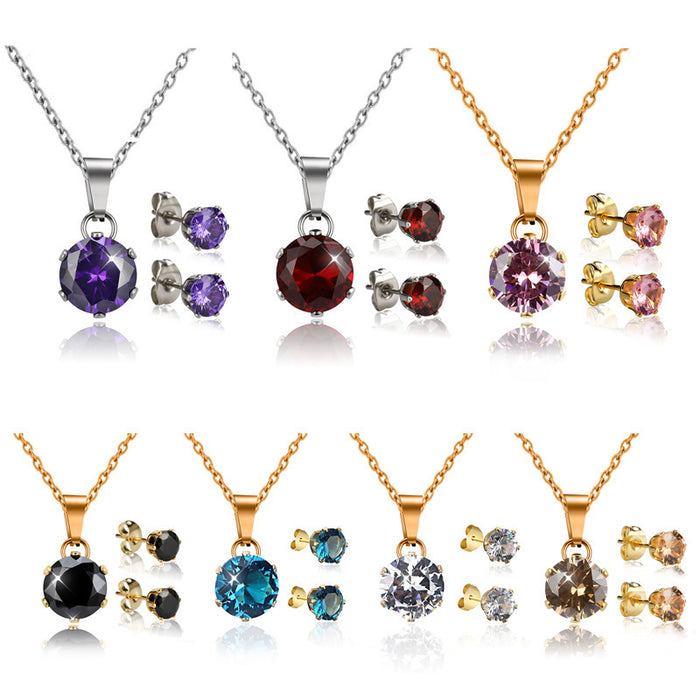 Wholesale Popular multi-color zircon stainless steel necklace, violet gemstone titanium steel necklace, fashionable pendant set