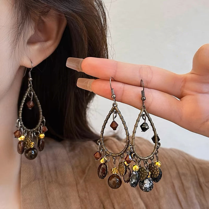 Wholesale Beaded tassel earrings, retro hollow water droplet earrings, long ear accessories