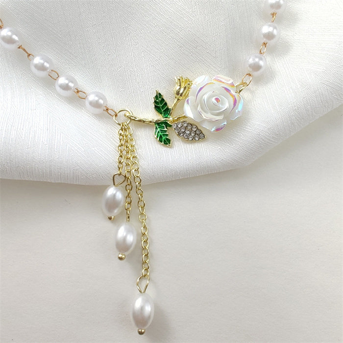 Wholesale Vintage Camellia Tassel Pearl Necklace, Light Luxury, Elegant, Exquisite Clavicle Chain, Neck Chain Jewelry