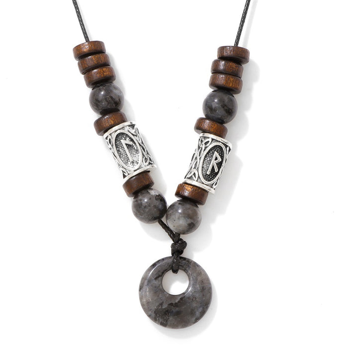 Wholesale Viking symbol necklace with stone pendant safety clasp and wooden beads