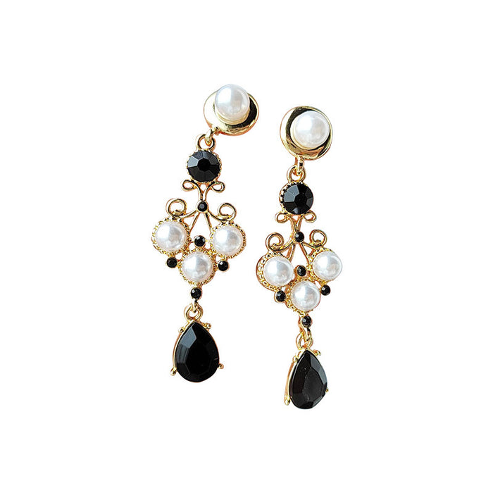 Wholesale Silver Needle Light Luxury Retro Fashionable Pearl Earrings Black Diamond Water Drop Earrings