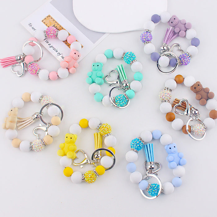 Wholesale Cartoon Silicone Bear Beaded Bracelet Keychain Creative  Wrist Bracelet Key Ring Accessories