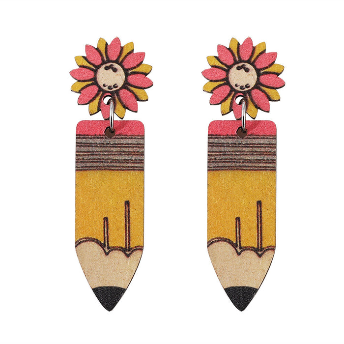 Wholesale Sunflower pencil earrings graduation season students teachers double-sided wooden earrings earrings gift