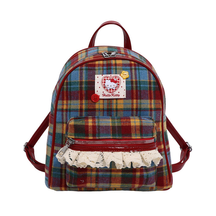 Wholesale Red plaid contrasting color lace trim large capacity backpack bags