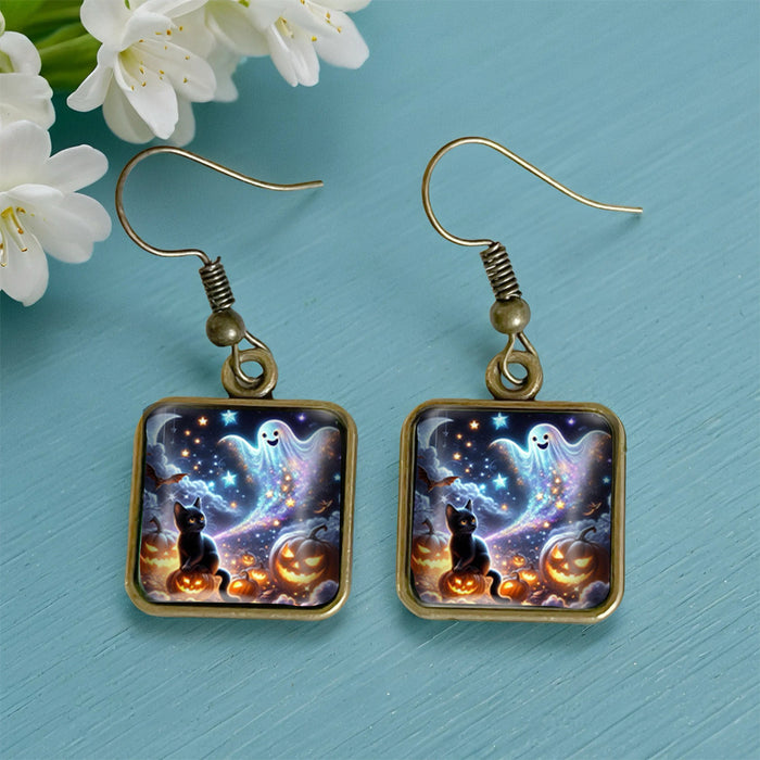 Wholesale  Black Cat Pumpkin Autumn Vintage Copper Square Time Gem Crystal Glass Earrings