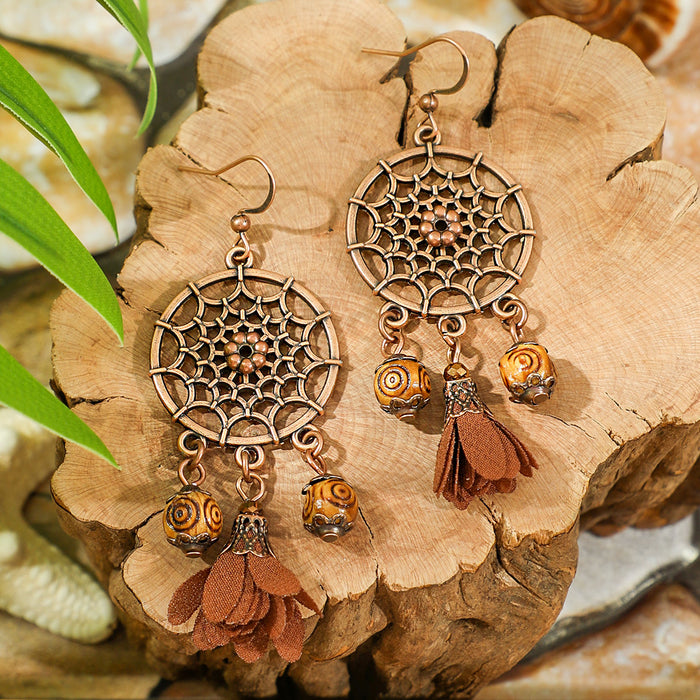 Wholesale Bohemian Dreamcatcher Tassel Earrings and Wooden Pendant Necklace Set