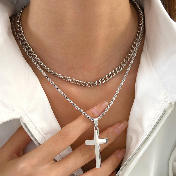 Wholesale Stainless steel smooth cross titanium steel jewelry accessories, personalized double-layer layered necklace, sweater chain