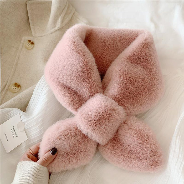 Wholesale Thick Solid Color Hairy Scarf with Pearl Tail Warmth Imitation Otter Rabbit Hair Cross Scarf Plush Neck for Women JDC-SF-GJ002