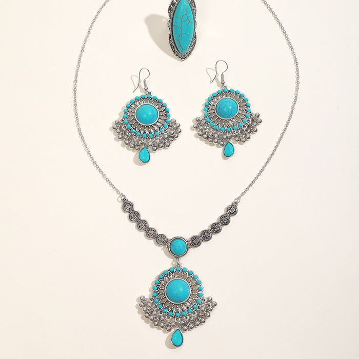 Wholesale Turquoise Necklace Set with Earrings Plant Flower Pattern Layering Jewelry MOQ≥3