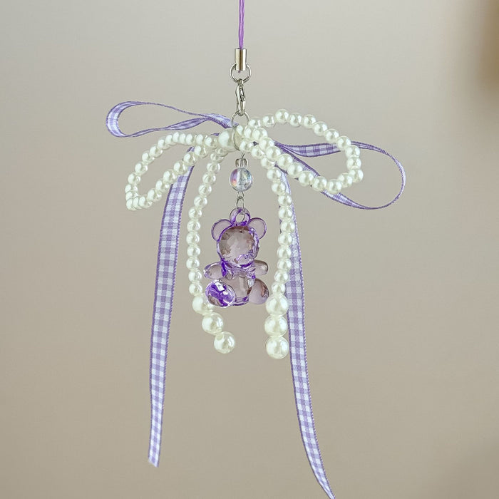 Wholesale Ribbon Bow Mobile Phone Chain Cute Bear Bag Hanging Jewelry Beaded Keychain