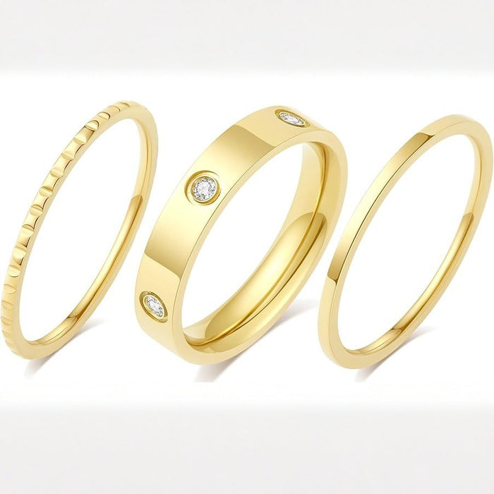 Wholesale Women's stacked three piece ring set, copper plated with real gold and inlaid with zircon