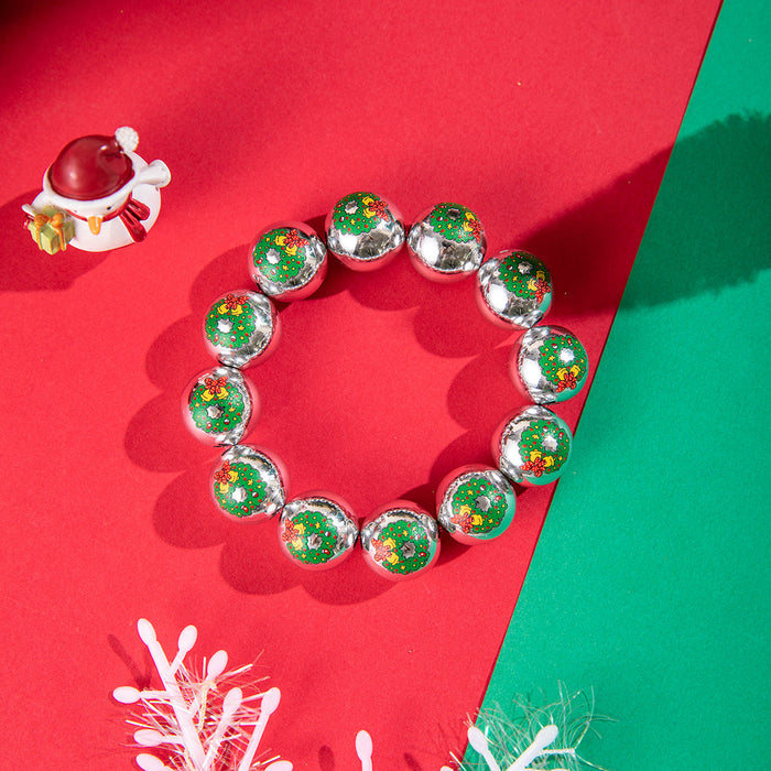 Wholesale Resin Beaded Bracelet with Snowman Bell Print Colorful Round Beads Christmas Jewelry Accessory MOQ≥2