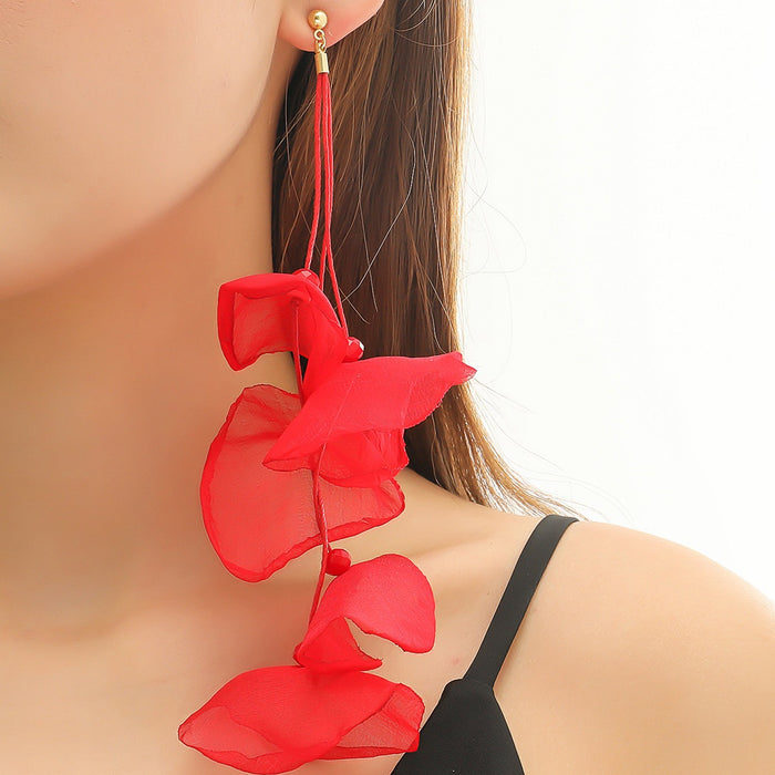 Wholesale Exaggerated flower tassel earrings, personalized earrings, temperament long fabric earrings, red flower earrings