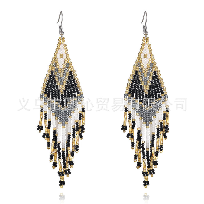 Wholesale color Bohemian rice bead earrings women' s minority ethnic hand-woven long tassel earrings