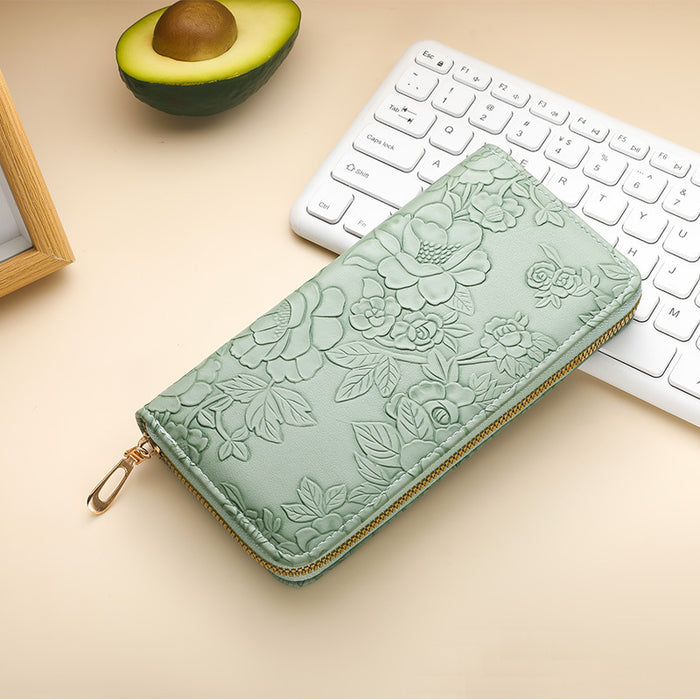 Wholesale Literary Floral Embossed Women' s Pu Wallet Light Blue Daily Matching Boutique MOQ:3